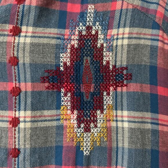 Johnny Was Embroidered Plaid Button Down Shirt Cotton Size XS - Picture 3 of 5